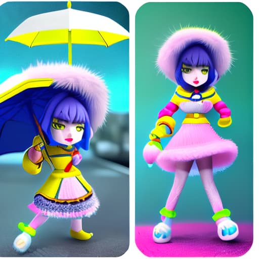 wa-vy style Kagura in mobile legends stylist , white hair ,yellow umbrella pink sports shoes, dress pink shirt, blue short jean , watch on left hand, cute pet wolf, white fur, walking under the rain ,