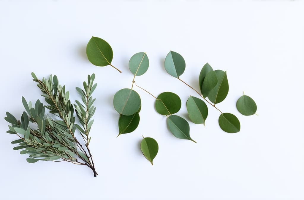  dry eucalyptus tree leaves and branches isolated on white table background. green trendy foliage. minimal floral composition, decor. flat lay, top view. no people. web banner. ar 3:2 {prompt}, maximum details