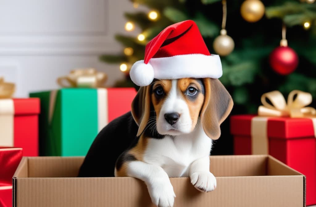  A beagle dog puppy in a Santa Claus cap is selected from a box of a beautifully packaged gift against the background of a New Year tree and colorful gifts. ar 3:2 high quality, detailed intricate insanely detailed, flattering light, RAW photo, photography, photorealistic, ultra detailed, depth of field, 8k resolution , detailed background, f1.4, sharpened focus