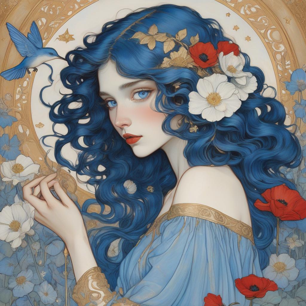  concept art a painting of a woman with flowing curly hair, bright blue eyes, and red lips, wearing a blue dress with gold accents, surrounded by white flowers. painting by arthur rackham and egon schiele depicting a fair skinned goddess, striking blue eyes, long wavy black hair, blue and white anemones, deep blue morning glories, crimson poppies, cream and peach toned roses, filigree, ornamental metallic gold details, hidden ears, no visible jewelry, delicate freckles, subtle golden highlights, soft pink lips, ethereal beauty, golden embellishments, cosmic motifs, crescent moon, stars, art nouveau style, iridescent hummingbirds, silken garment, blue and muted gold hues, luxurious, dreamy atmosphere. . digital artwork, illustrative, painter