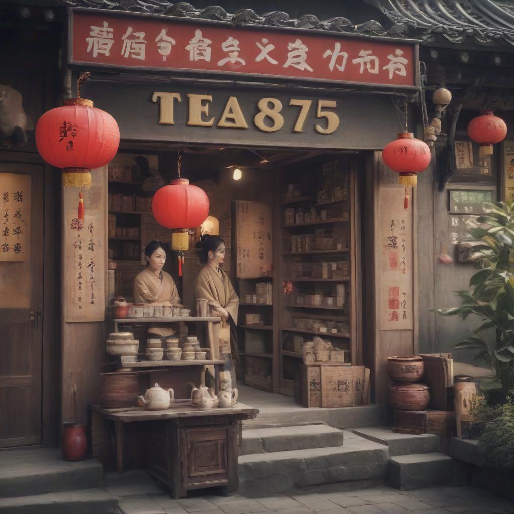  chinese town, tea store, tea ceremony, sign text “tea875”, epic foto, 4k