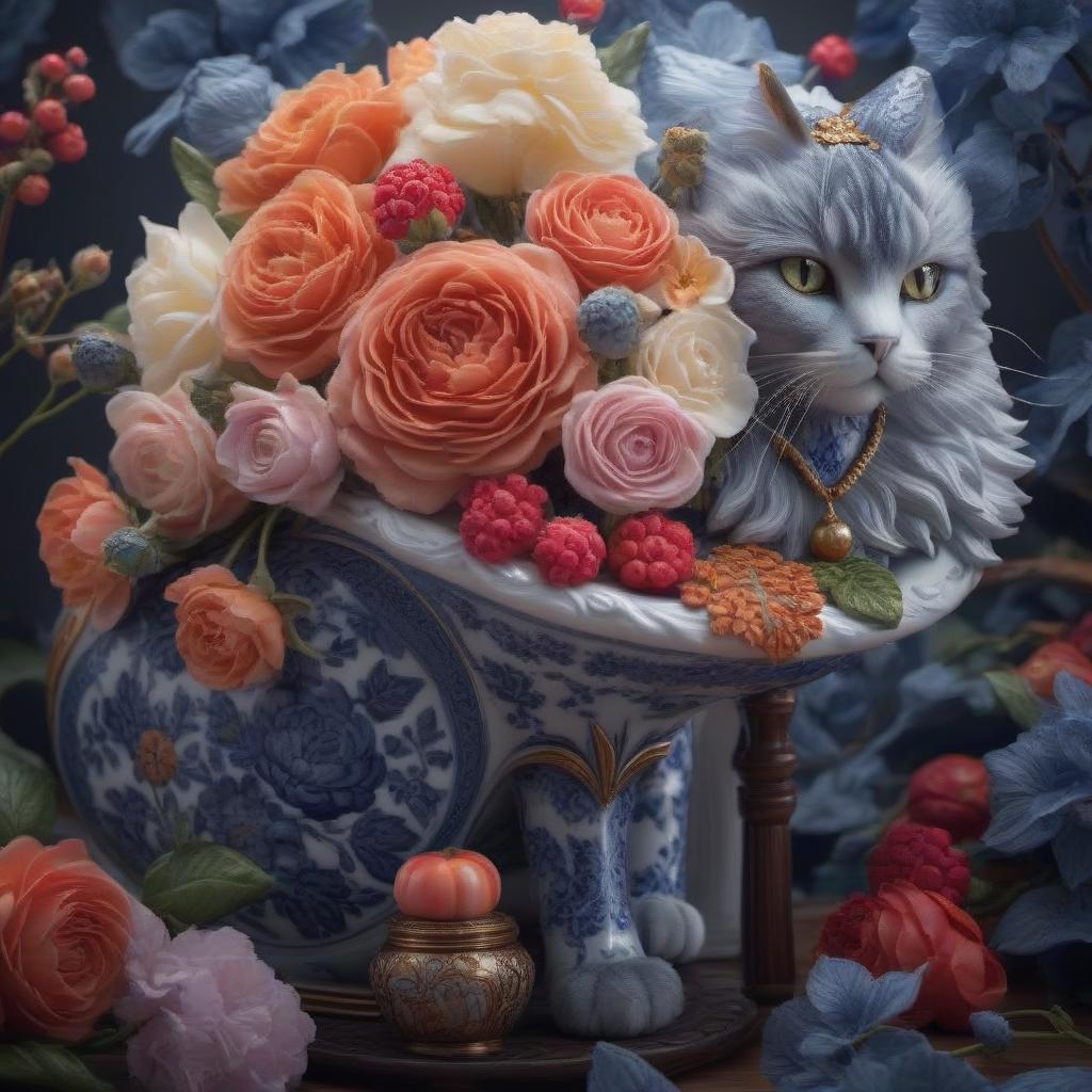  Still life with a beautiful porcelain cat. hyperrealistic, full body, detailed clothing, highly detailed, cinematic lighting, stunningly beautiful, intricate, sharp focus, f/1. 8, 85mm, (centered image composition), (professionally color graded), ((bright soft diffused light)), volumetric fog, trending on instagram, trending on tumblr, HDR 4K, 8K