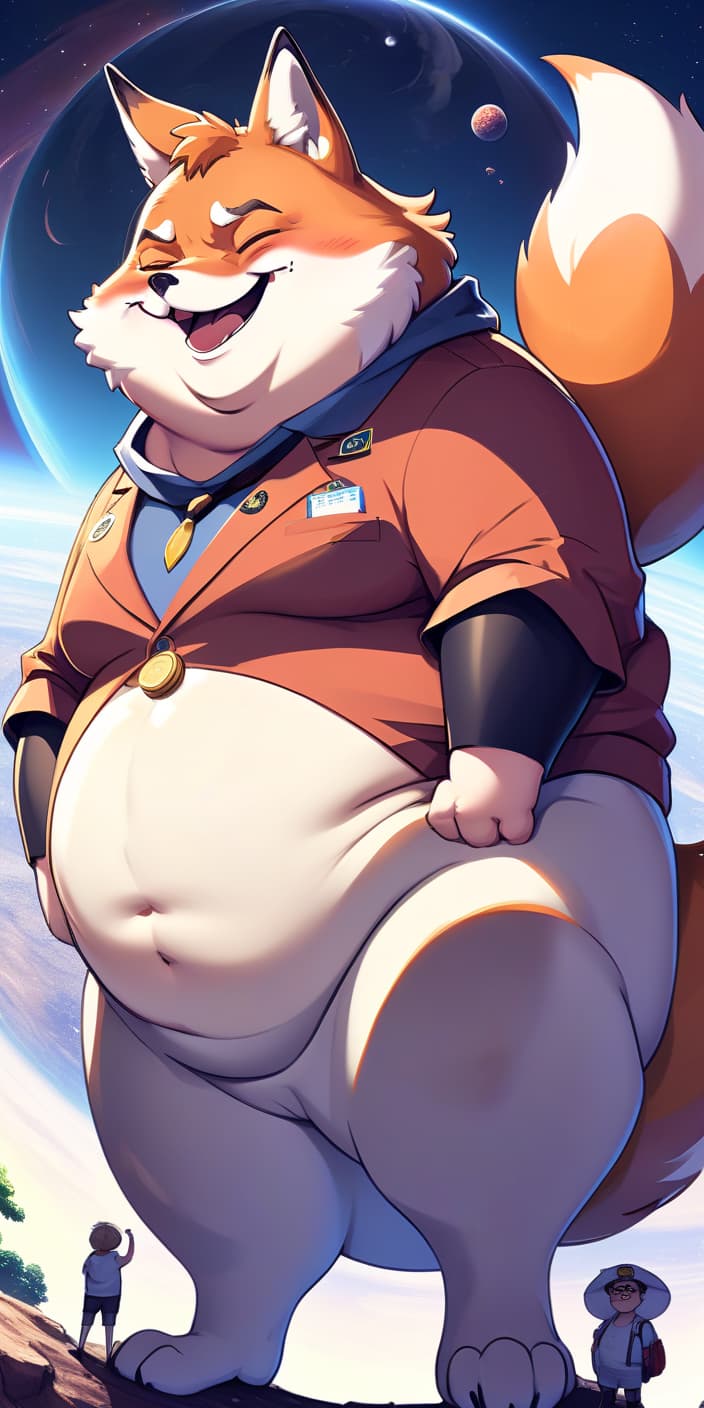  anime artwork (((giant))) anthropomorphic age male fox, fat, chubby, obese, ((freckles)), (((long neck))), , wearing gles, smiling, (((flat shading))), ((low angle)), ((full body portrait)), sitting on a planet . anime style, key visual, vint, studio anime, highly detailed