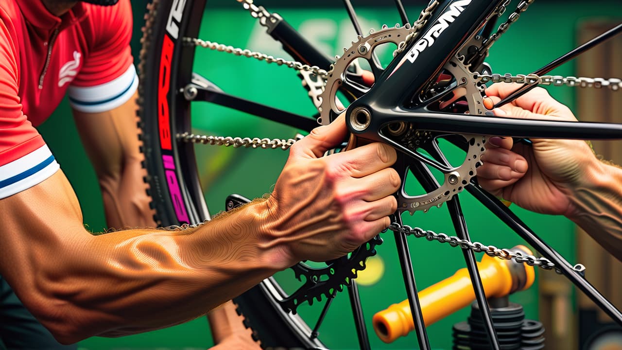  a close up of a bicycle mechanic's hands expertly lubricating a chain, surrounded by tools like wrenches and grease, with a shining bike frame in the background, highlighting the importance of regular maintenance. hyperrealistic, full body, detailed clothing, highly detailed, cinematic lighting, stunningly beautiful, intricate, sharp focus, f/1. 8, 85mm, (centered image composition), (professionally color graded), ((bright soft diffused light)), volumetric fog, trending on instagram, trending on tumblr, HDR 4K, 8K