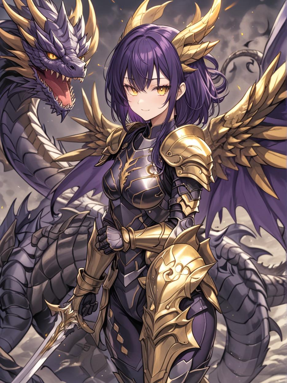  manga artwork an anime photo of a half human, half dragon warrior, she has very dark purple hair, a pleasant smile, very beautiful golden eyes, a grayer skin, a light black knight armor, broken black wings, and, hands with dragon claws mixed with the armor, a long dragon tail, and other details of her dragon form mixed with her human appearance, she has a more adult and very strong body, with a slender build. manga artist. manga, highly emotional. best quality, high resolution