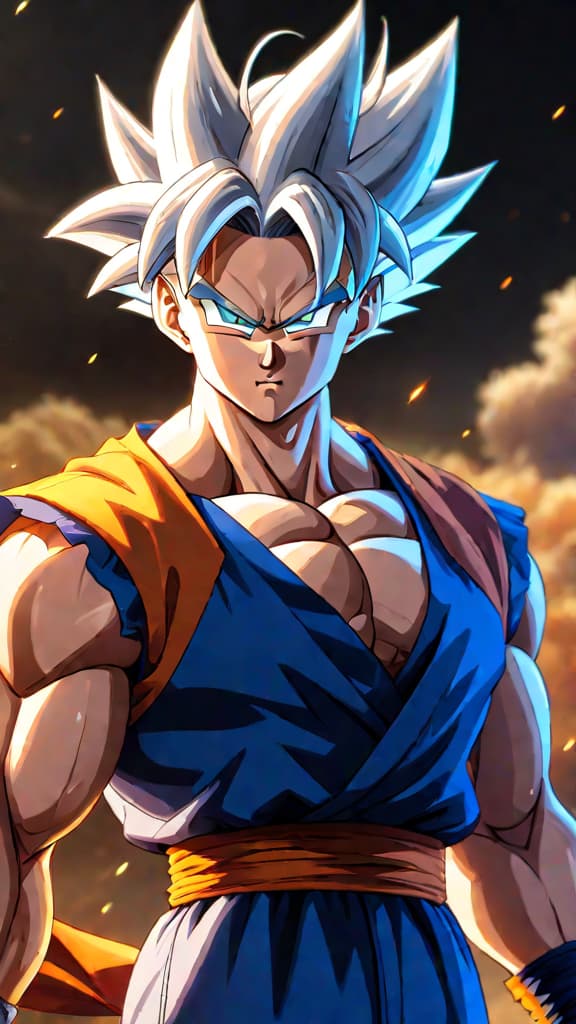  anime art: gohan achieves ultra instinct with silver hair and a calm aura in dragon ball heroes. hyperrealistic, full body, detailed clothing, highly detailed, cinematic lighting, stunningly beautiful, intricate, sharp focus, f/1. 8, 85mm, (centered image composition), (professionally color graded), ((bright soft diffused light)), volumetric fog, trending on instagram, trending on tumblr, HDR 4K, 8K