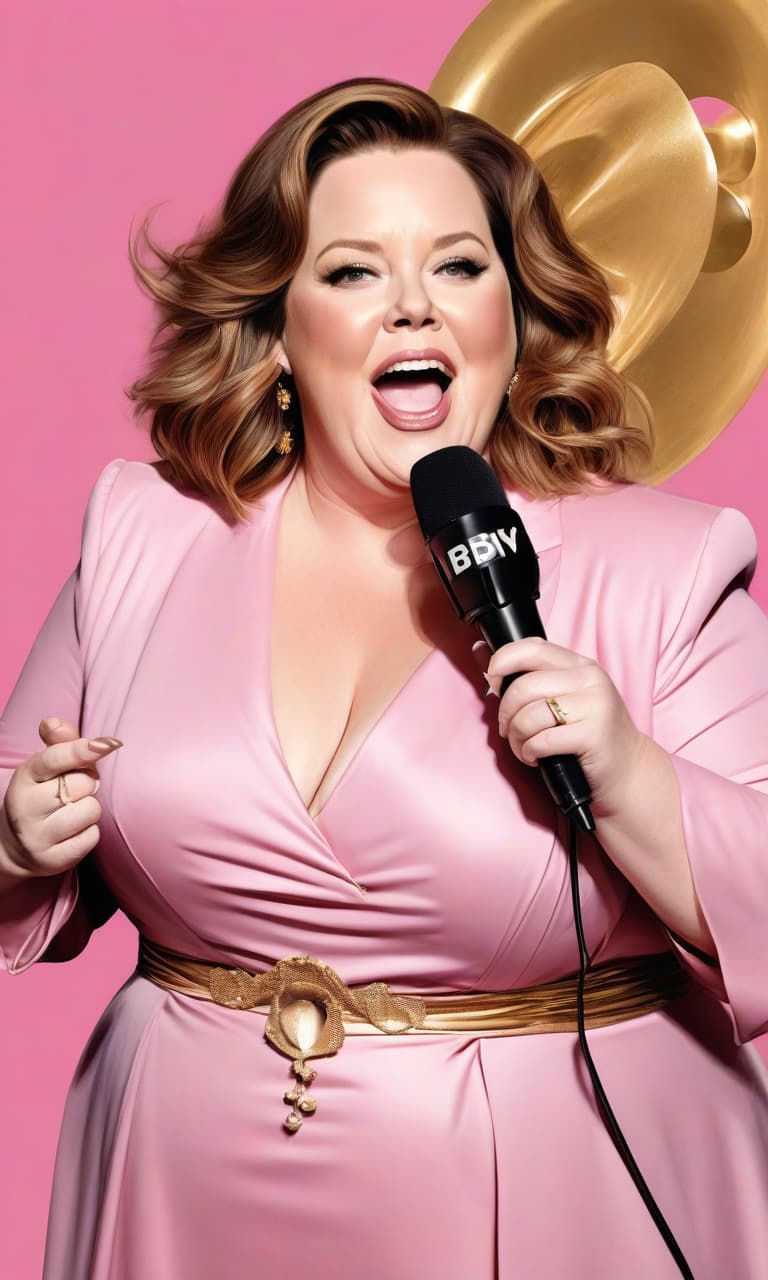  concept art pink, gold, black, white stage melissa mccarthy with a microphone . digital artwork, illustrative, painterly, matte painting, highly detailed, perfect hands