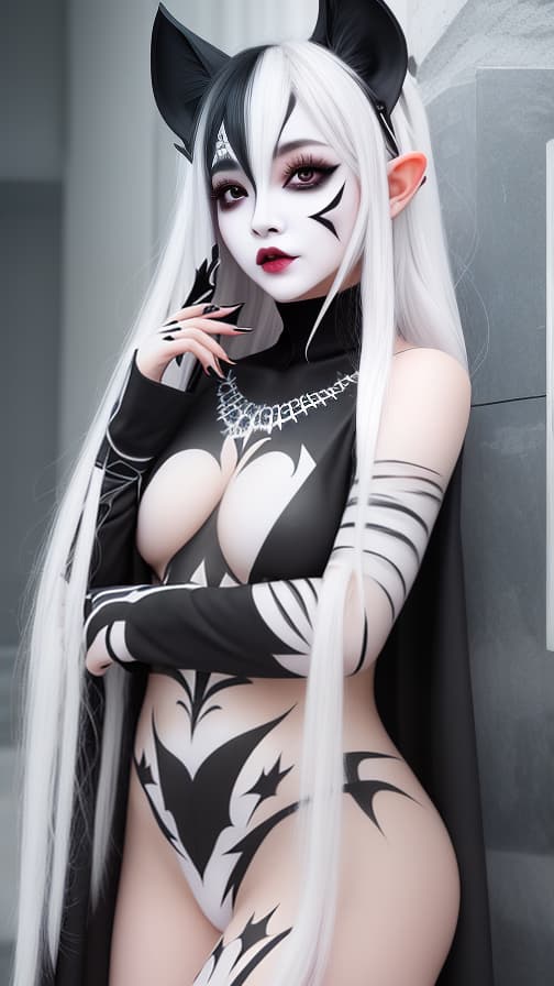  White and Blark bat pattern body paint in every corner of the body, Black body paint all over the body, Grey face paint on the face, Two dark elfs, full body image 女性