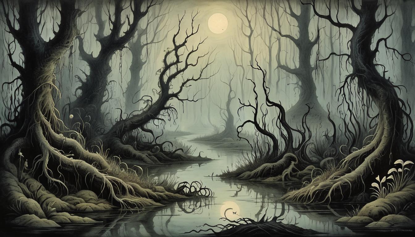  on parchment, surrealism+++, leeches in a swamp, murky water reflecting a faint light, tangled roots and dark foliage, unsettling, parasitic(mysterious, provocative, symbolic,muted color)+++