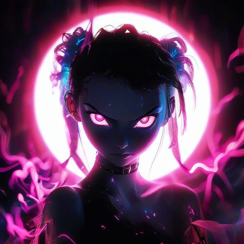  a close up of a person with blue hair, metal cat ears and glowing eyes, anime picture, deep crimson and dark shadows, perfect female body silhouette, bitcoin evil, ((pink)), style of madhouse anime, portrait of evil girl, it is night, looming head, glowneon