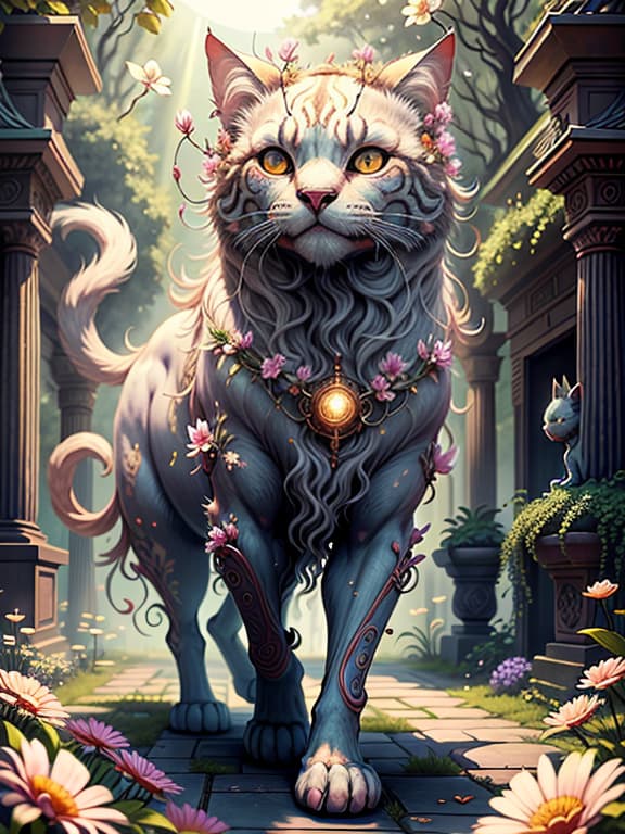  master piece, best quality, ultra detailed, highres, 4k.8k, a majestic feline deity, running, protecting, watching over, serene, break the divine guardian, a flourishing garden, blossoming flowers, ancient totems, break serene and mystical, soft sunlight filtering through the foliage, creating a tranquil aura, creature00d