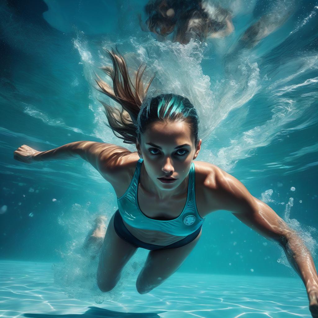  space themed swimmer athlete under water, in a turquoise short top, facing the lens swims to the finish line, face open, no glasses on the face, beautiful, hair tied in a bundle, photorealism, detailed study of the body, clear pool water, photo 16k. . cosmic, celestial, stars, galaxies, nebulas, planets, science fiction, highly detailed