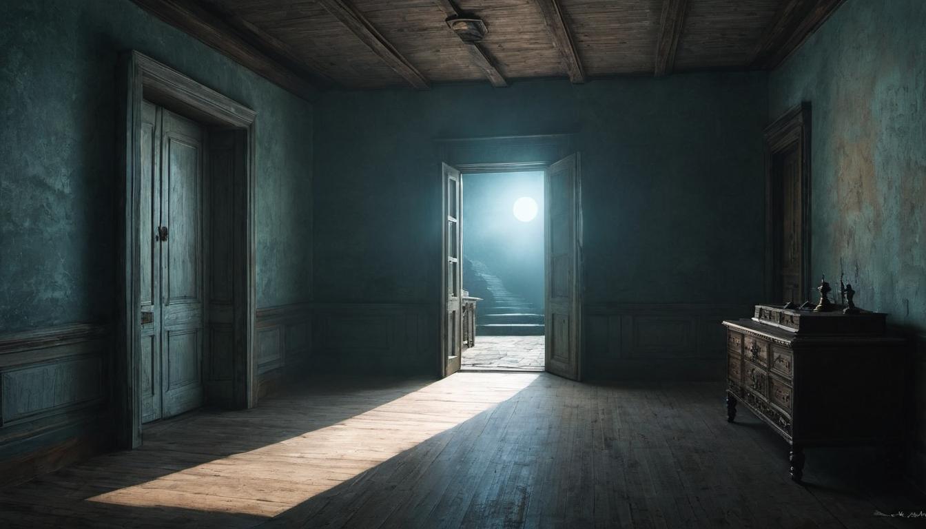  （surrealism)a vacant room with open door, a single beam of light revealing dust in the air, sense of departure, eerie calm mystic, intricate details, best quality)