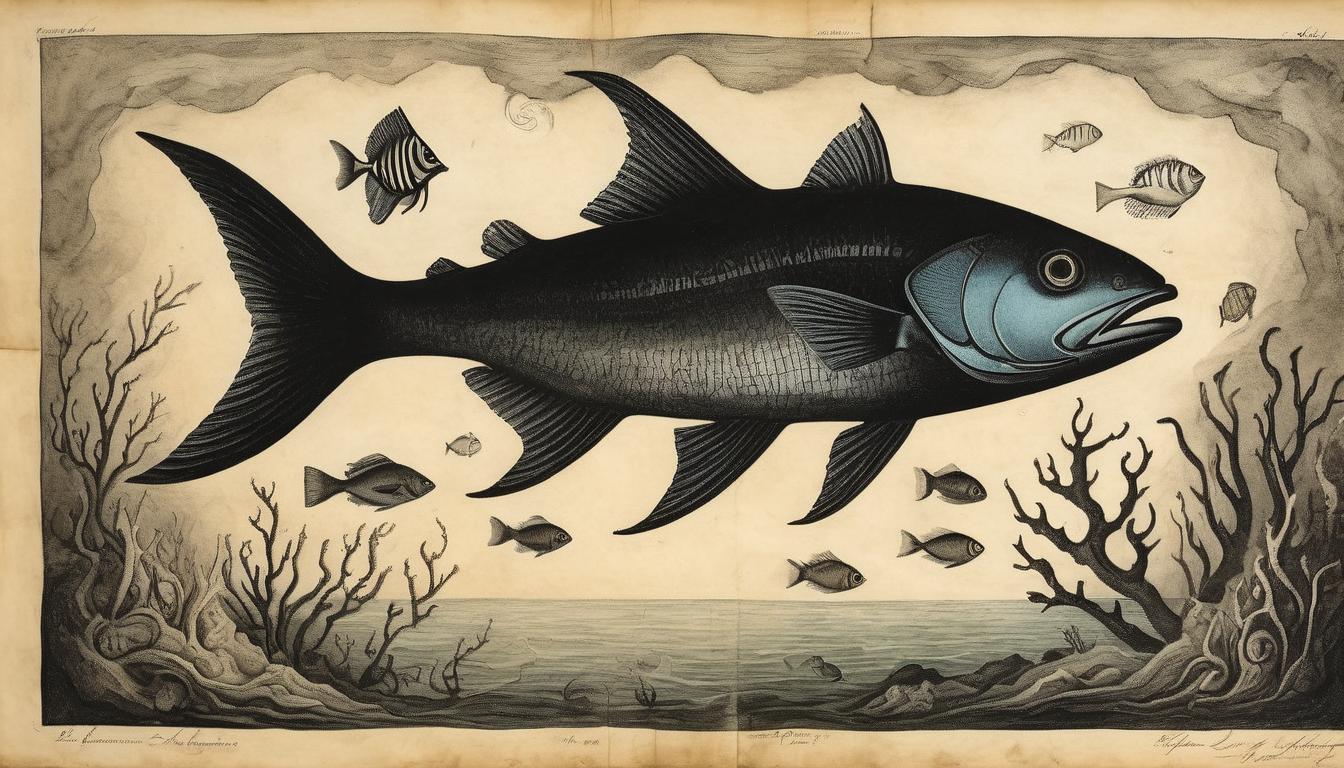  on parchment, surrealism++, a deep, dark ocean with a single ray of light piercing the surface, illuminating hidden fish and coral below, mysterious depths, unseen layers, underwater world(mysterious, provocative, symbolic)++