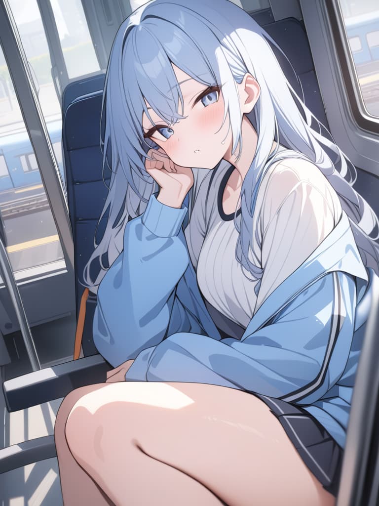  light blue, train, hair water blue, bob hair, masterpiece, best quality,8k,ultra detailed,high resolution,an extremely delicate and beautiful,hyper detail