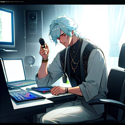  (Man with jewelry on computer in a recording studio), anime, highly detailed, 4k, high quality, trending on art station hyperrealistic, full body, detailed clothing, highly detailed, cinematic lighting, stunningly beautiful, intricate, sharp focus, f/1. 8, 85mm, (centered image composition), (professionally color graded), ((bright soft diffused light)), volumetric fog, trending on instagram, trending on tumblr, HDR 4K, 8K