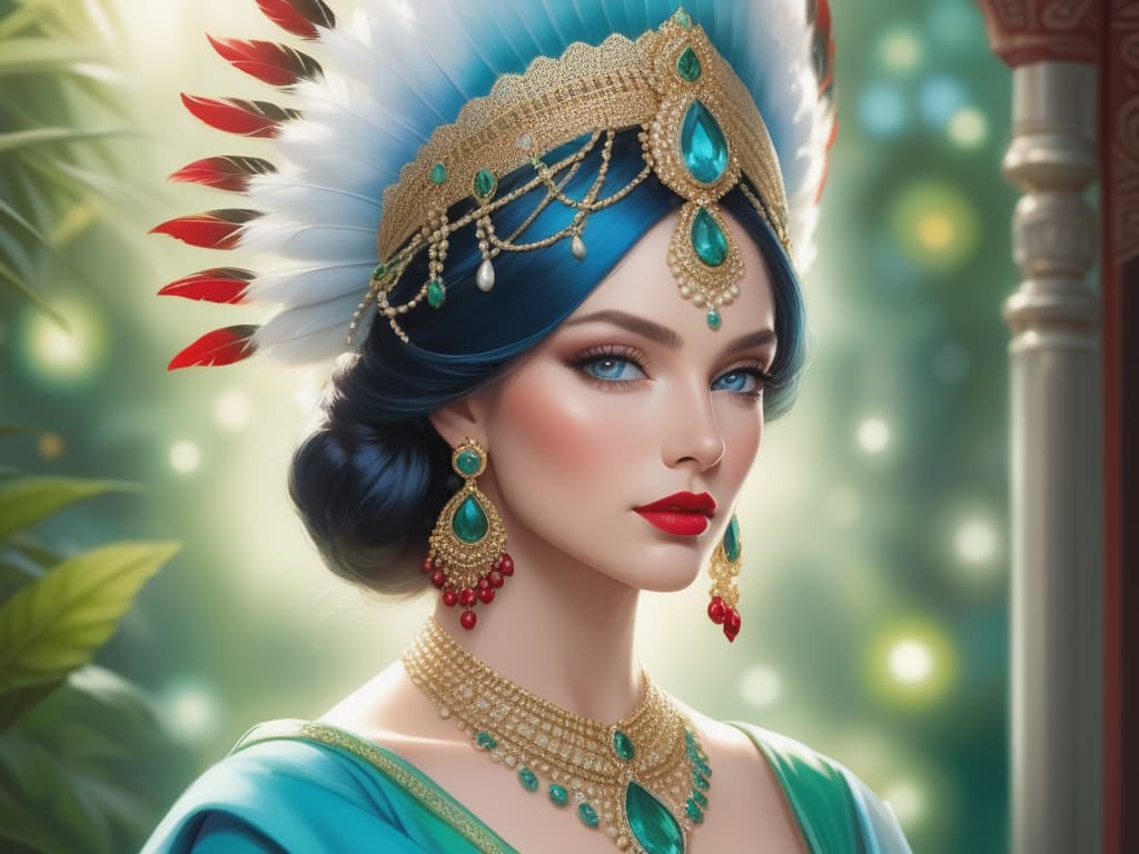  highly stylized and detailed portrait of a woman with fair skin, striking blue eyes, and full lips adorned with red lipstick. she is wearing an elaborate headdress and jewelry that includes a headpiece with green and white gemstones, large dangling earrings, and a matching necklace. the headdress is intricately designed with pearls and emerald like stones, complementing her traditional attire. the background is a soft, blurred mix of blue and green hues, creating a bokeh effect that highlights the subject's regal appearance. the overall composition is rich and vibrant, emphasizing the ornate and luxurious elements of her attire and accessories.