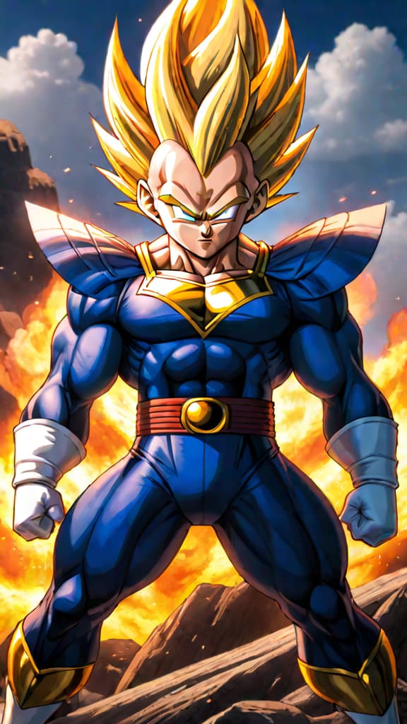  an anime art depicting majin vegeta's self sacrifice, symbolizing his redemption through profound love and growth. hyperrealistic, full body, detailed clothing, highly detailed, cinematic lighting, stunningly beautiful, intricate, sharp focus, f/1. 8, 85mm, (centered image composition), (professionally color graded), ((bright soft diffused light)), volumetric fog, trending on instagram, trending on tumblr, HDR 4K, 8K