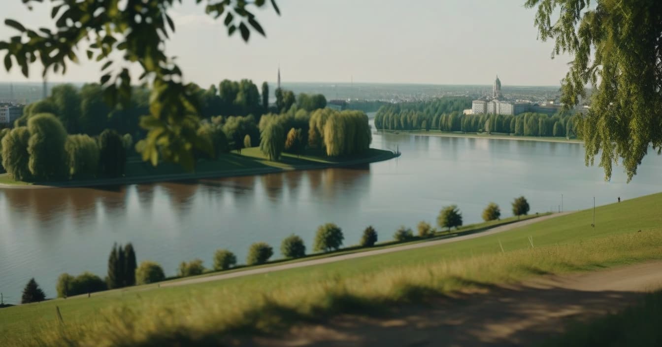  cinematic photo realistic landscape on the hill, metropolis in the distance, left and right linden trees, sunny day, park, lake reflects trees, cinematic . 35mm photograph, film, bokeh, professional, 4k, highly detailed