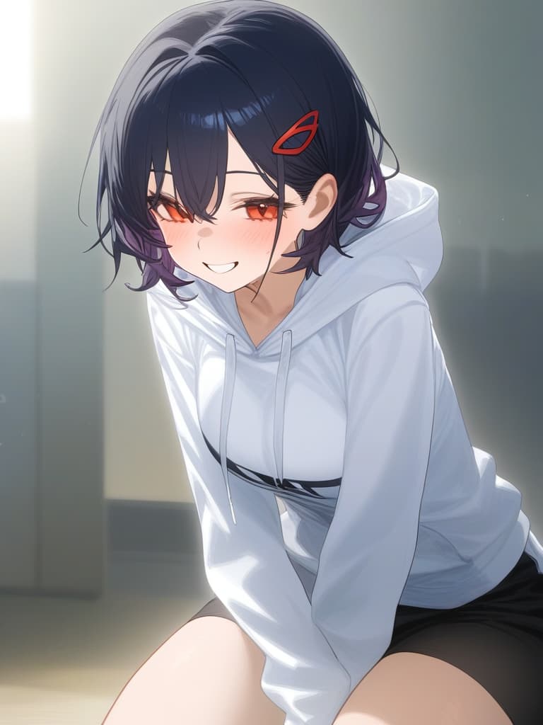  short black hair,red eyes,red hairpin,white hoodie,black pants,and a naughty smile.