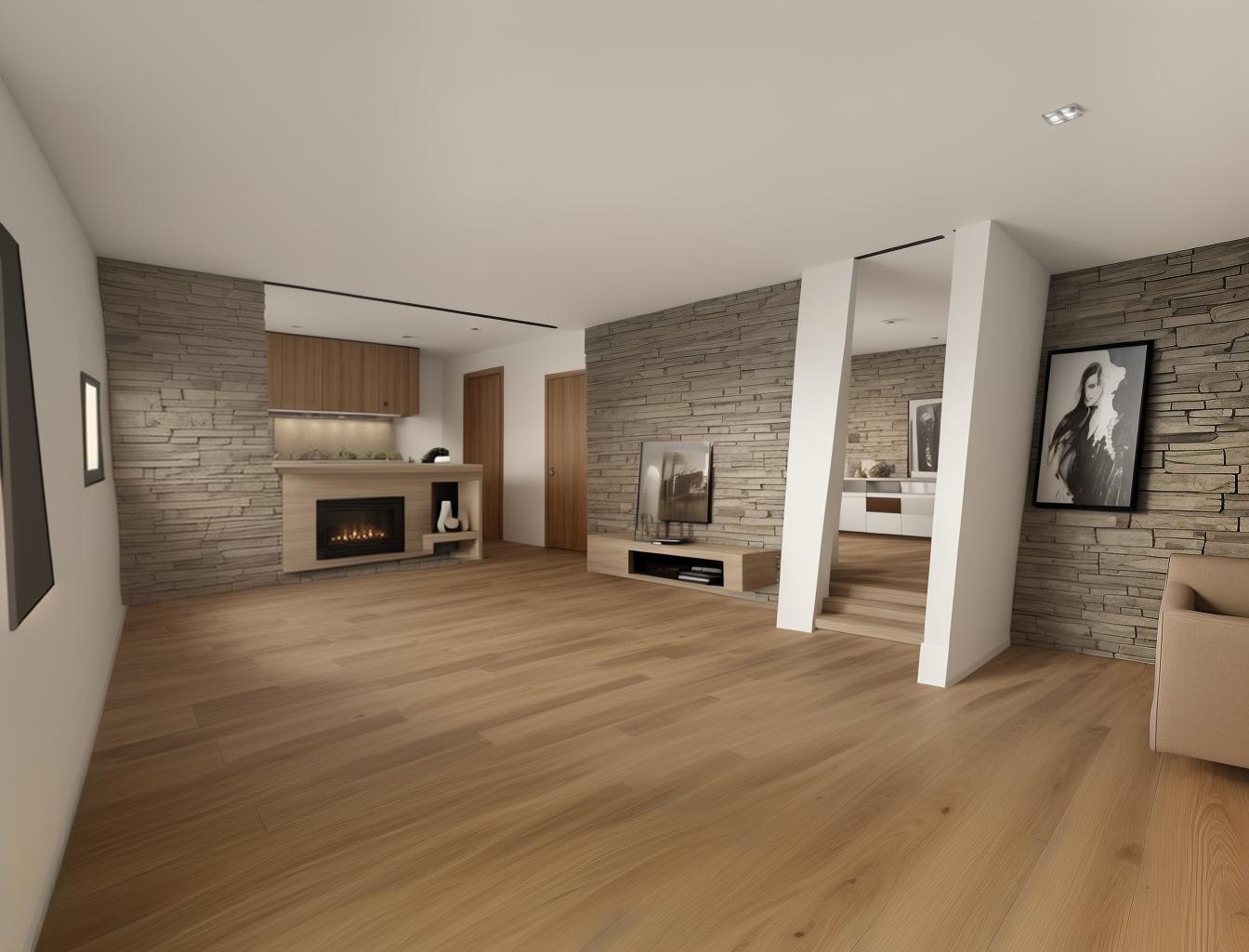  generate a photorealistic rendering of a modern living room with a combination of wooden floors and a stone accent wall. include sleek, contemporary furniture to contrast with the natural materials, creating a sophisticated yet comfortable atmosphere.