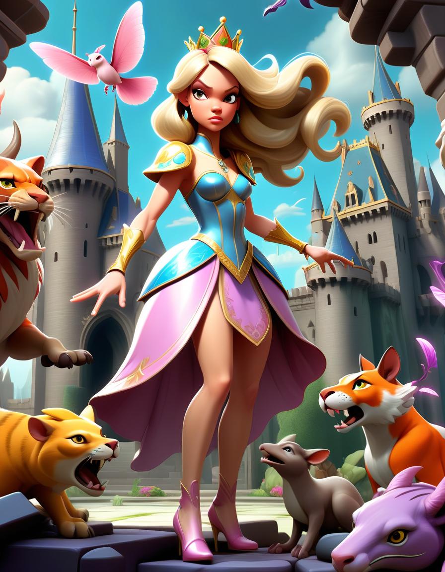  fighting game style the princess and her magical guardians: a princess in a chic outfit, surrounded by magical creatures in the form of animals. the castle behind her looks like something from a fairy tale, with fantastic elements and bright colors. . dynamic, vibrant, action packed, detailed character design, reminiscent of fighting video games