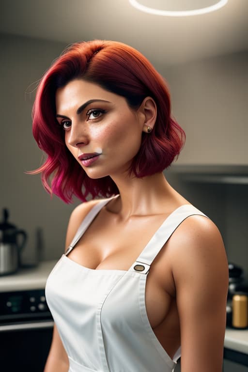  a closeup portrait of playful Morena Baccarin, undercut hair, apron, amazing body, pronounced feminine feature, busty, kitchen, [ash blonde | ginger | pink hair], freckles, flirting with camera hyperrealistic, full body, detailed clothing, highly detailed, cinematic lighting, stunningly beautiful, intricate, sharp focus, f/1. 8, 85mm, (centered image composition), (professionally color graded), ((bright soft diffused light)), volumetric fog, trending on instagram, trending on tumblr, HDR 4K, 8K