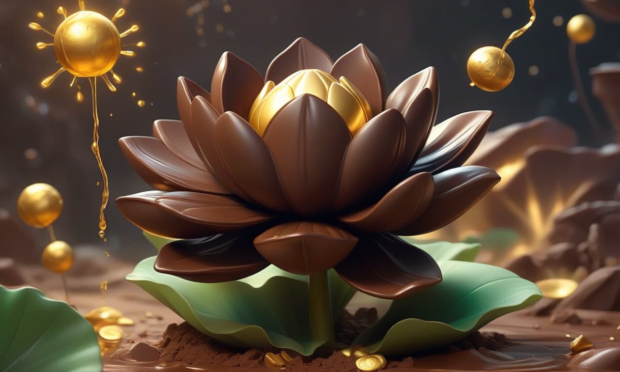  super mario style game realistic bright oil drawing 3d big magic chocolate flower, like a lotus, with large high petals made of chocolate, flying around magical fireflies, nearby lie ingots of gold, around a futuristic landscape