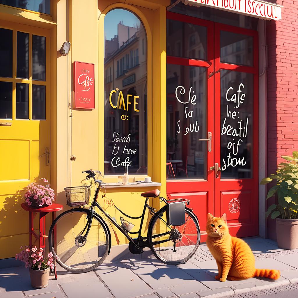  sunny city, evening, window with the inscription of a cafe, at the window there is a beautiful bicycle, next to the yellow door, behind the window on the stool sits a shaggy red cat