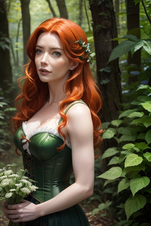  Bridget Regan with straight orange hair, (((green eyes))), green corset, ivy leaves, leaves in hair, hippie, in the woods picking flowers