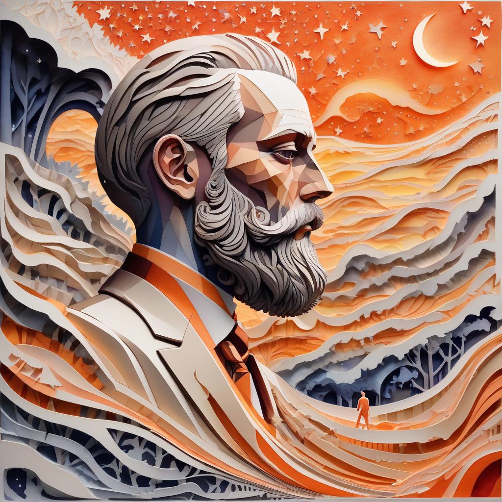  stacked papercut art of neoclassical jelteman with neofuturistic beard and bald hairdo, expensive chic suit smoothly transitions from late sunset through night to early morning, suit has many complex patterns with stars, jelteman carefully descends stone steps to a wonderful stream, orange with redness sky with stars, (watercolor:1.3) . 3d, layered, dimensional, depth, precision cut, stacked layers, papercut, high contrast