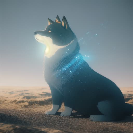  shiba extraterrestrial being with intricate biological features and ethereal beauty, portrayed in a cinematic style with dramatic lighting and atmospheric effects, set against the backdrop of an alien landscape shrouded in mystery and wonder, 3D rendering, using Blender with realistic textures and lighting effects