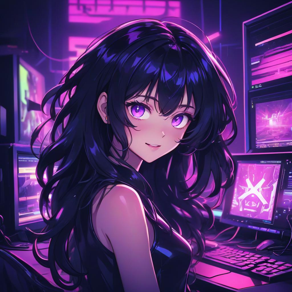  anime artwork a girl with long black hair and purple eyes, ( ( ( synthwave ) ) ), beautiful kawaii lighting, my computer icon, dark short curly hair smiling, ultra phonk, stream, on, kami, ( ( ( in a dark, glowy . anime style, key visual, vibrant, studio anime, highly detailed