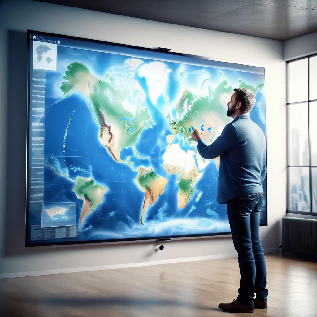  hyperrealistic art man uses digital high tech map of the world on the big screen . extremely high resolution details, photographic, realism pushed to extreme, fine texture, incredibly lifelike