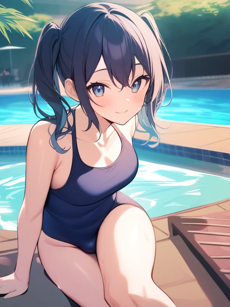  women's elementary students, twin tails, rich smiles, cute smiles, navy blue swimwear, old swimwear, swimwear, simple, male, shaped clear , shaped clear, clear stem, shaped crisp, male bulge,, front. the whole body, pool side,