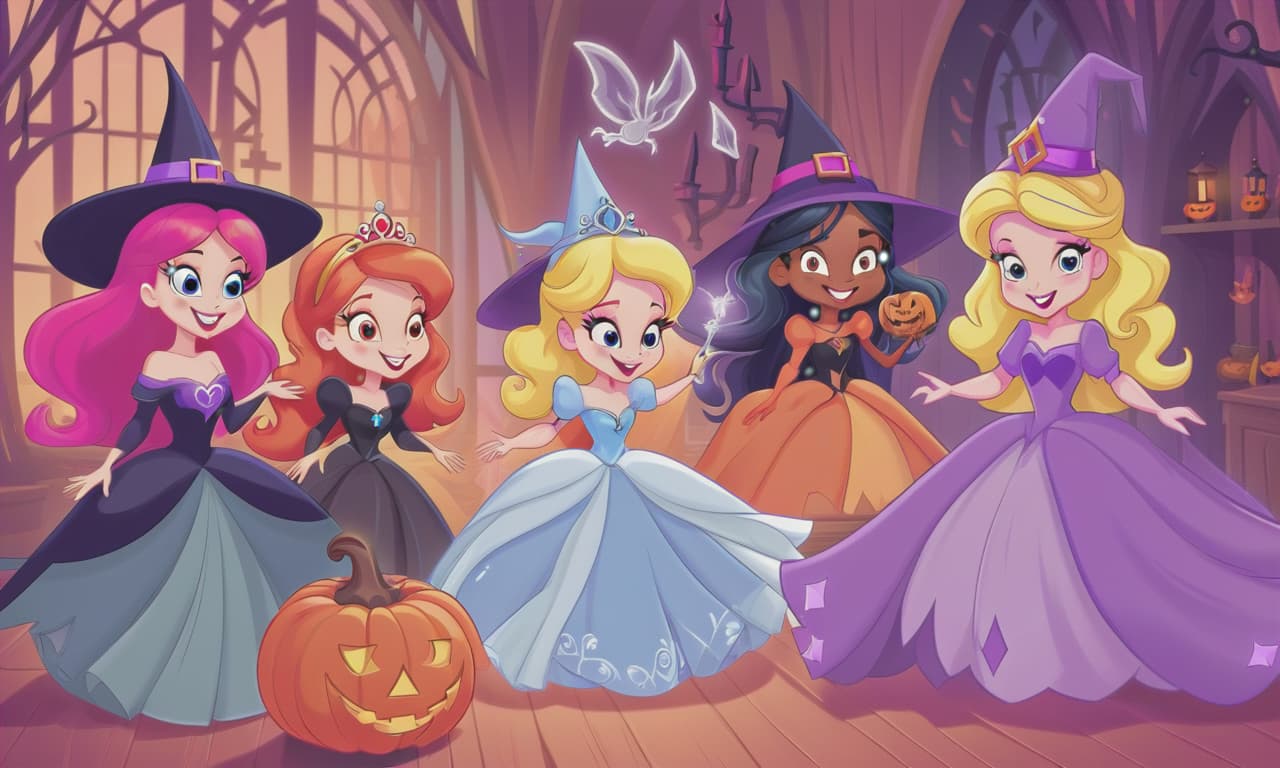  cartoon princesses playing with witches