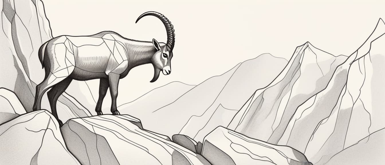  minimalism, draw an ibex staying on the rock in the mountains. it should be made in prehistoric cave art technique, abstract, simple geometic shapes, hard edges, sleek contours, minimalism