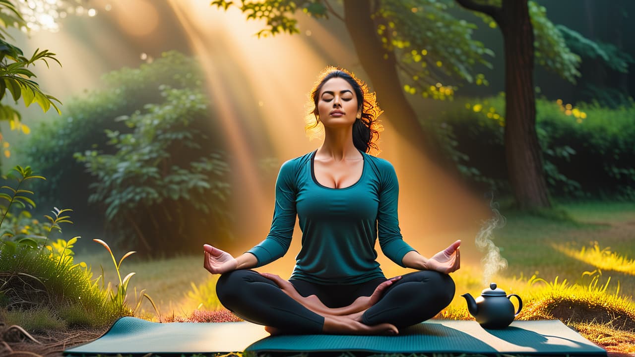  a serene morning scene featuring a sunrise over a peaceful landscape, a person meditating on a yoga mat, steaming cup of herbal tea nearby, and soft rays of light illuminating a journal and pen. hyperrealistic, full body, detailed clothing, highly detailed, cinematic lighting, stunningly beautiful, intricate, sharp focus, f/1. 8, 85mm, (centered image composition), (professionally color graded), ((bright soft diffused light)), volumetric fog, trending on instagram, trending on tumblr, HDR 4K, 8K