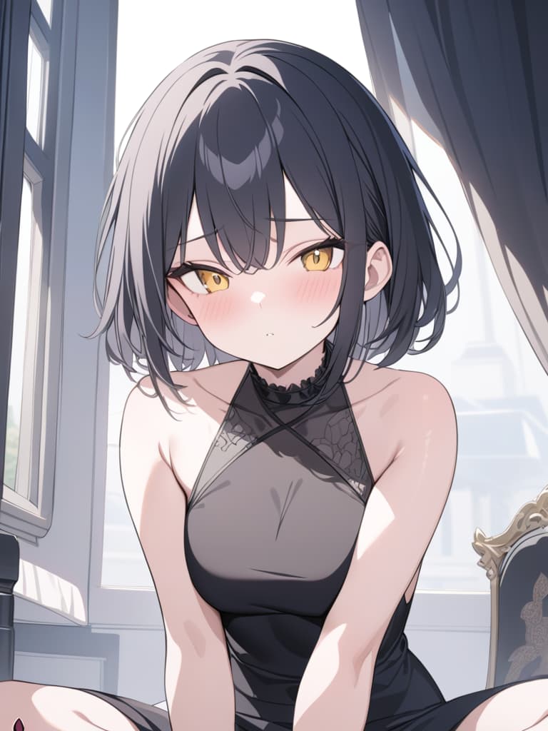  yellow eyes, black hair, short hair, black clothes, shoulders, s, , cute, , crouching, masterpiece, best quality,8k,ultra detailed,high resolution,an extremely delicate and beautiful,hyper detail