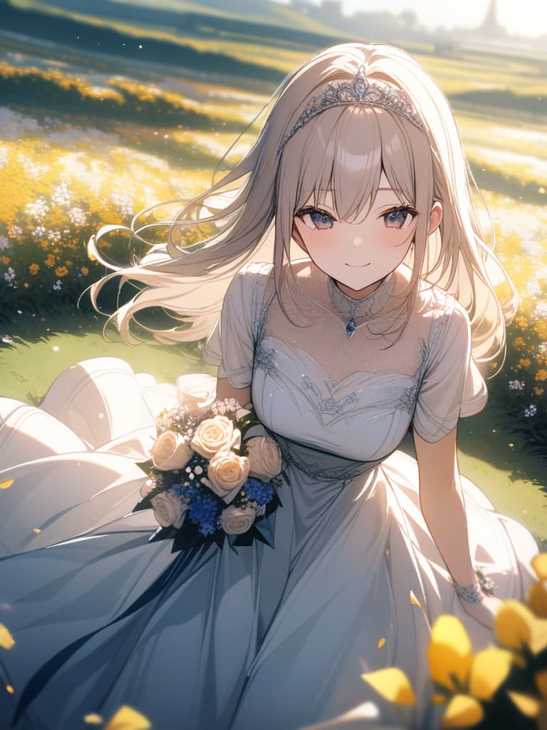  blond, long hair, princess, bouquet, bouquet field, dress, tiara, smile, asahi, masterpiece, best quality,8k,ultra detailed,high resolution,an extremely delicate and beautiful,hyper detail