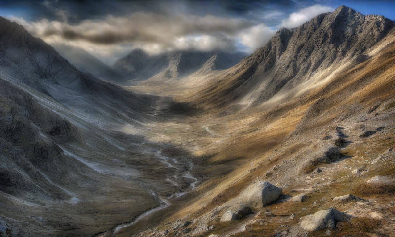  hdr photo of rough mountain trek. . high dynamic range, vivid, rich details, clear shadows and highlights, realistic, intense, enhanced contrast, highly detailed