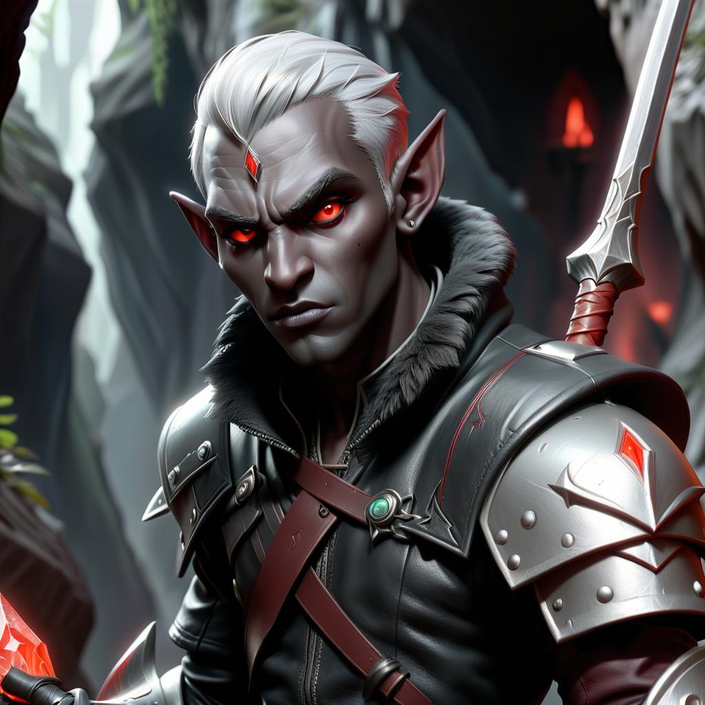  role playing game (rpg) style fantasy drow male elf cleric, dark grey graphite color skin, red eyes, silver medium haircut, black leather jacket, iron battle mace, impudent arrogant rude expression, traveler shoulder bag, half body view, dark cave temple . detailed, vibrant, immersive, reminiscent of high fantasy rpg games, civitai