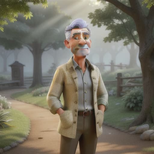  Cartoon image a high-resolution photograph capturing a middle-aged man standing outdoors. The man has short, gray hair and a mustache, and he is wearing a traditional, light beige, long-sleeved shirt with a high collar, paired with a matching, knee-length skirt. His shirt has a subtle, blue and white checkered pattern. In the background, lush green foliage and trees create a natural, verdant setting, with sunlight filtering through the leaves, casting a soft, dappled light on the scene. To the left of the man . The overall atmosphere suggests a rural, agricultural setting. The man's expression is one of pride and satisfaction, as if he is showcasing the fruits of his labor. The photograph is rich in detail , as well as the intricate pattern hyperrealistic, full body, detailed clothing, highly detailed, cinematic lighting, stunningly beautiful, intricate, sharp focus, f/1. 8, 85mm, (centered image composition), (professionally color graded), ((bright soft diffused light)), volumetric fog, trending on instagram, trending on tumblr, HDR 4K, 8K