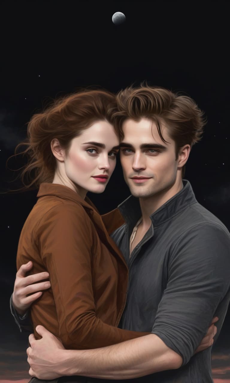  concept art pink, gold, black, white on the background of a huge moon eclipse robert pattison hugs christian steward they stand in the waist. twilight . digital artwork, illustrative, painterly, matte painting, highly detailed, perfect hands