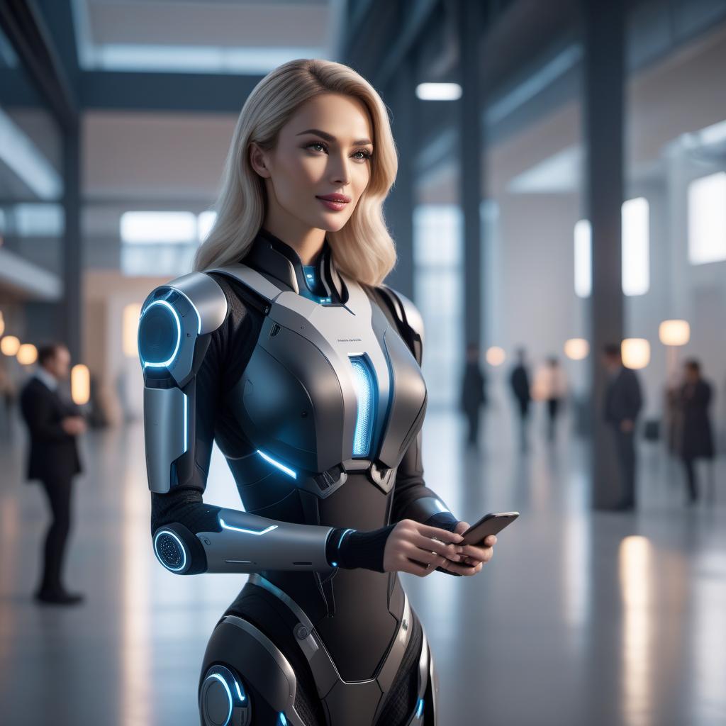  A friendly AI assistant speaking to a user. The scene should show the AI assistant in a pleasant and welcoming environment, eagerly awaiting the user's next message. The assistant should have a thoughtful expression, ready to help and communicate effectively. hyperrealistic, full body, detailed clothing, highly detailed, cinematic lighting, stunningly beautiful, intricate, sharp focus, f/1. 8, 85mm, (centered image composition), (professionally color graded), ((bright soft diffused light)), volumetric fog, trending on instagram, trending on tumblr, HDR 4K, 8K