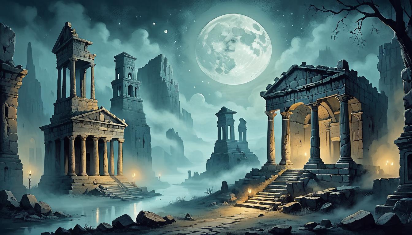  on parchment, surrealism+++, ancient ruins under moonlight, crumbling stone structures, ethereal glow, mist enveloping the scene, enigmatic atmosphere, sense of revelation(mysterious, provocative, symbolic,muted color)+++