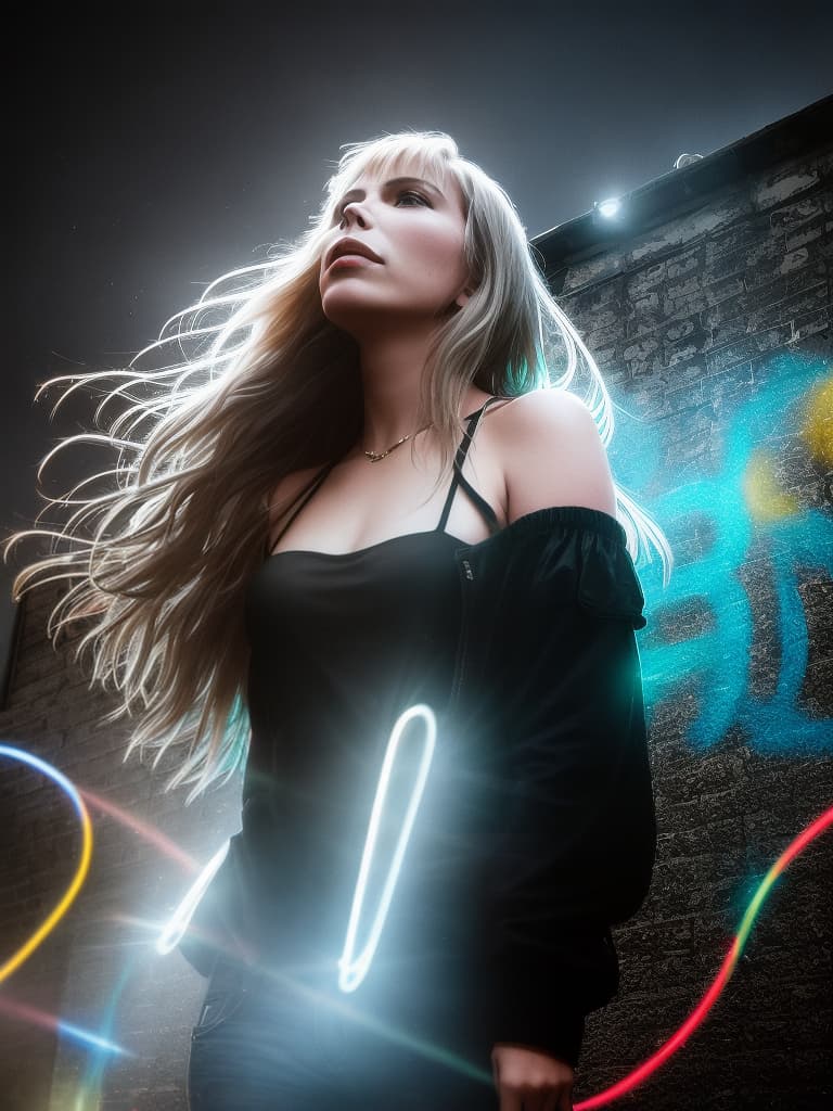  A younger Country singer Joni Mitchell, medium shot, upper body, spotlight, long exposure lighting, street art style spray paint, glamour lighting