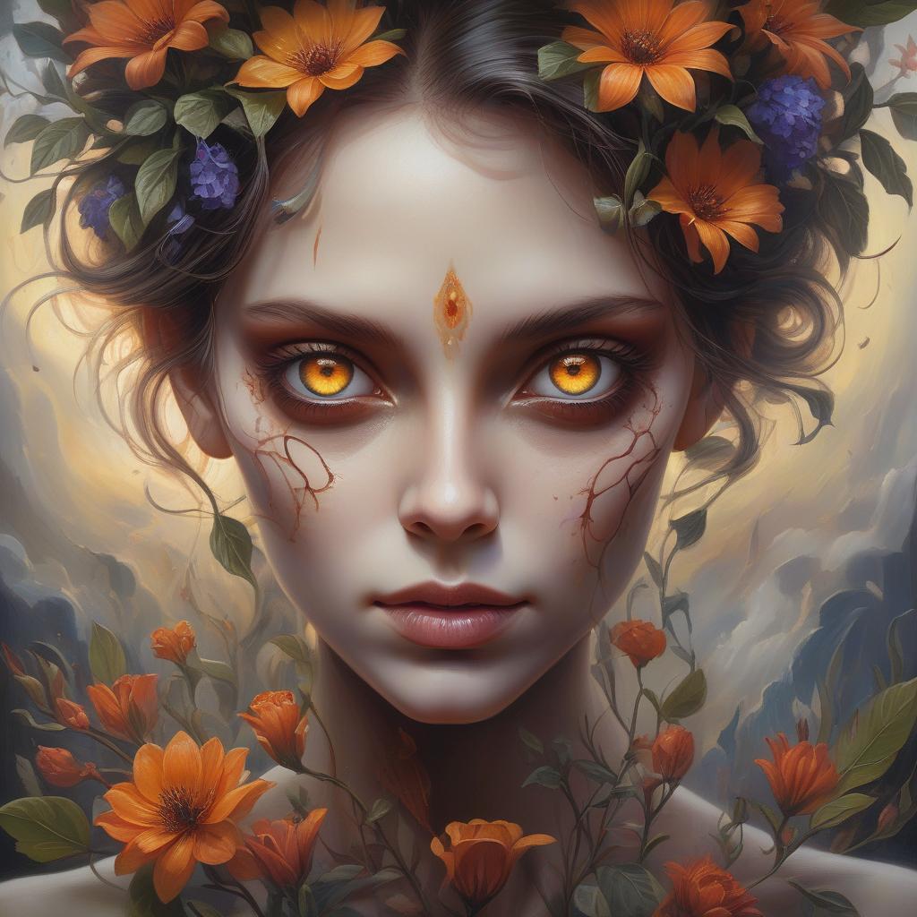  hyperrealistic art beautiful hybrid woman with flowers sprouting from her, oil painting, detailed fiery eyes, ethereal glow, dark and mysterious, high quality, vibrant colors, surreal, haunting, intricate floral details, intense gaze, mystical atmosphere, oil painting, demon, hybrid, fiery eyes, ethereal, vibrant colors, surreal, haunting, floral details, intense gaze, mystical atmosphere . extremely high resolution details, photographic, realism pushed to extreme, fine texture, incredibly lifelike