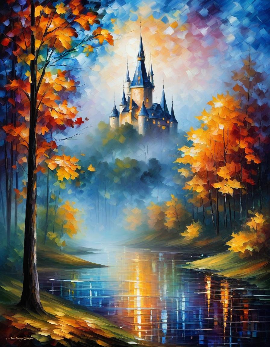  (style of leonid afremov:1.5), oil palette knife painting, canvas, autumn landscape, forest, castle, falling autumn leaves, fantasy, muted shades of colors, gothic aesthetic, beautiful, blue hour, impessionism