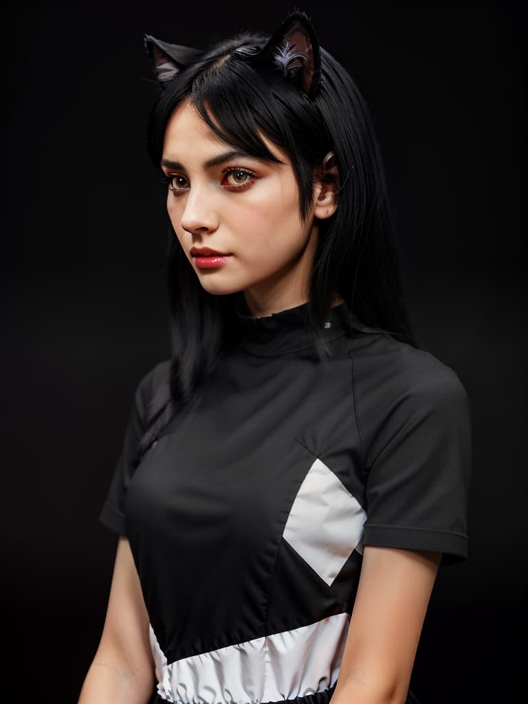  black hair, shortcut, cat ears, black clothes, red eyes, black background, profile, masterpiece, best quality,8k,ultra detailed,high resolution,an extremely delicate and beautiful,hyper detail